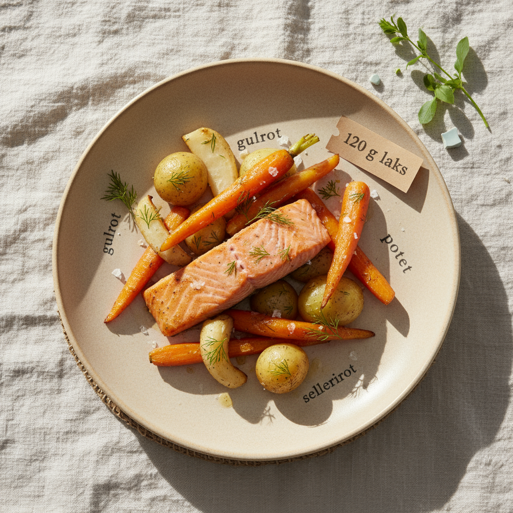 Salmon with root vegetables, non-processed Nordic style, Omega-3, Vitamin D.