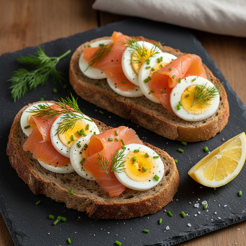 Røkelaks- og Eggesmørbrød på Grovt Brød