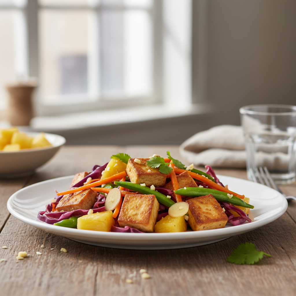 Fermentert Grønnsaks- og Tofuwok med Ananas og Ingefær