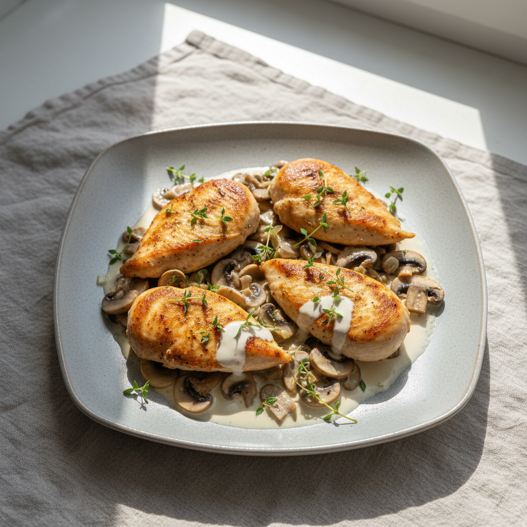 Kyllingfilet med kremet soppstuing og timian — 28 min