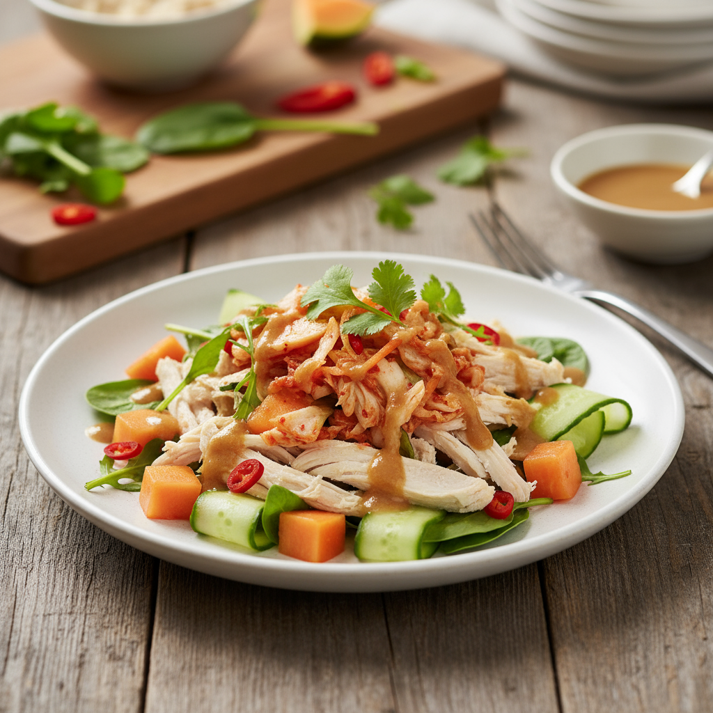 Kyllingsalat med Kimchi, Papaya og Ingefærdressing