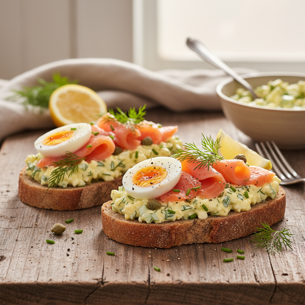 Røkelaks- og Eggsalat på Grovt Brød