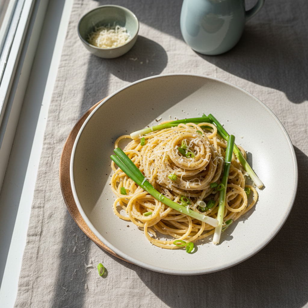 Pasta cacio e pepe med vårløk — 18 minutter