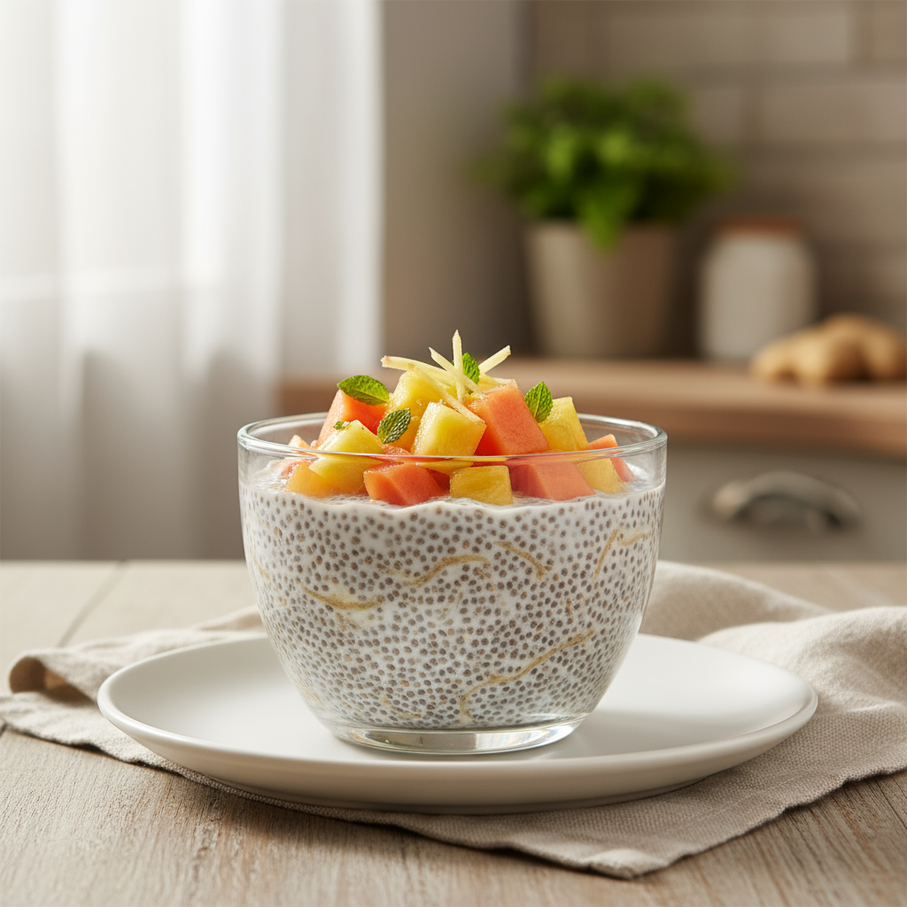 Chia Pudding med Tropisk Frukt og Ingefær