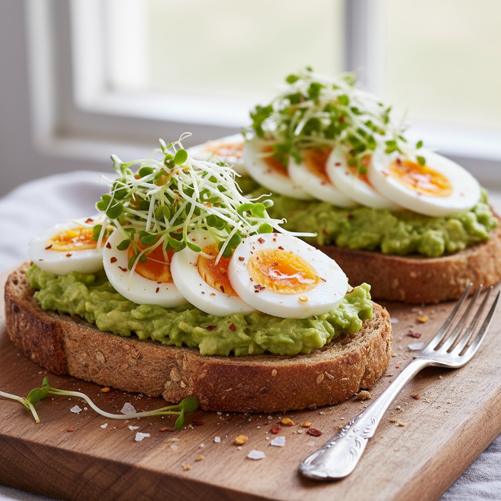 Fullkornsbrød med Avokado, Egg og Spirer