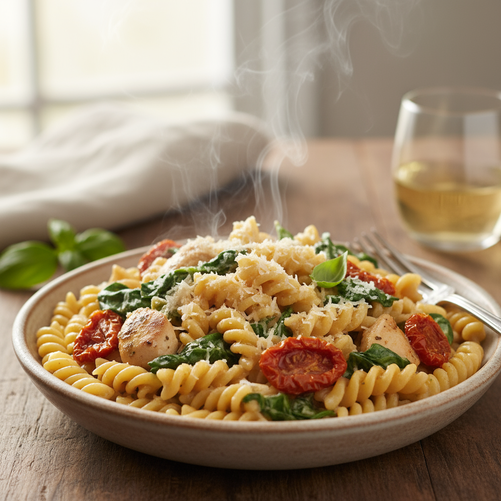 Kremet Kylling- og Spenatpasta med Soltørkede Tomater (Lett)