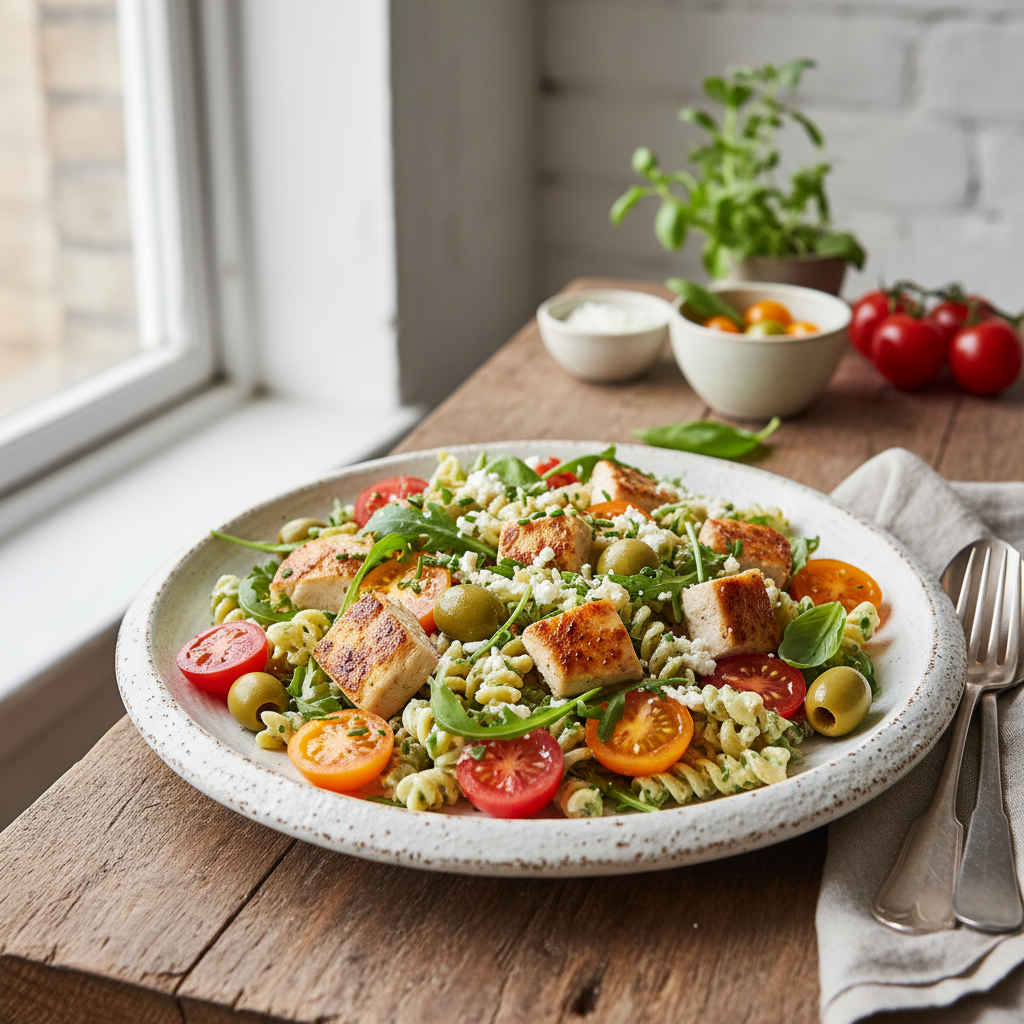 Kylling- og Pastasalat med Middelhavsgrønnsaker