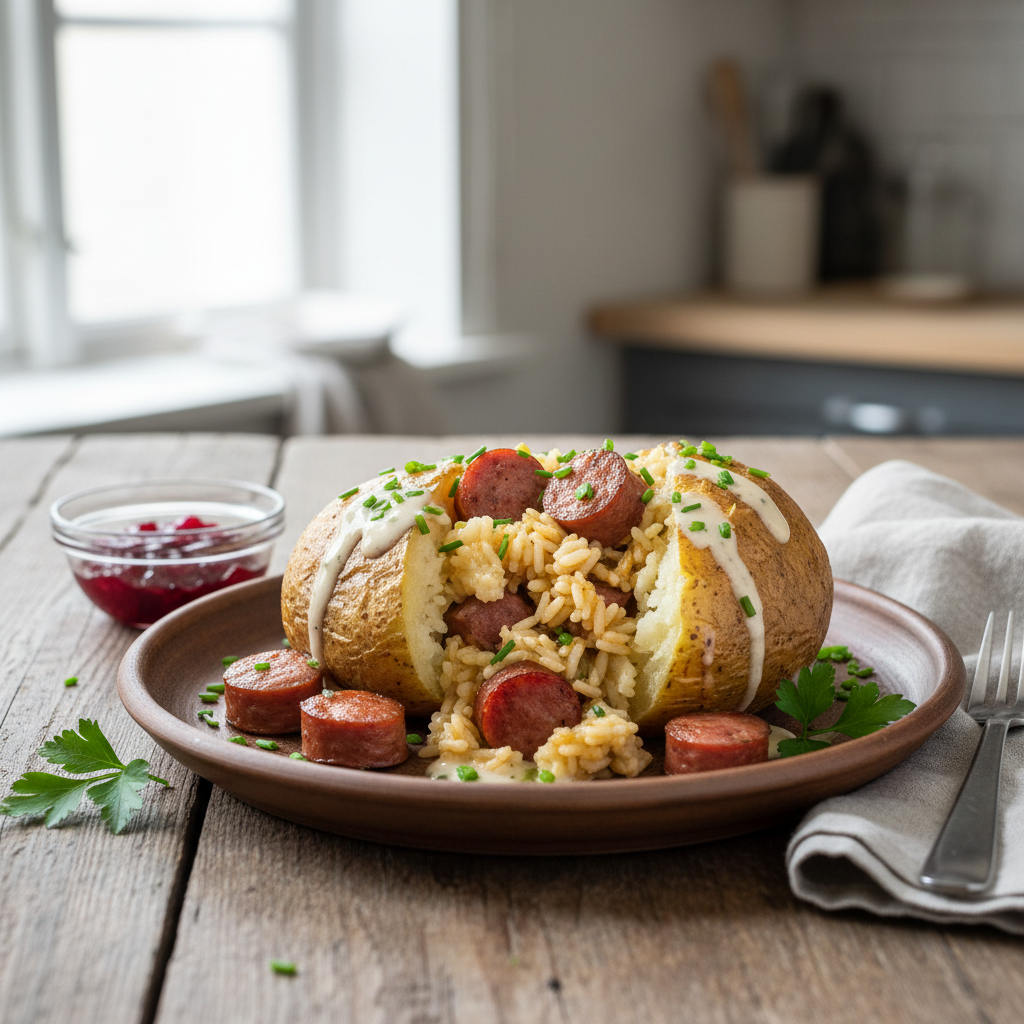 Bakepotet med pølse og risfyll