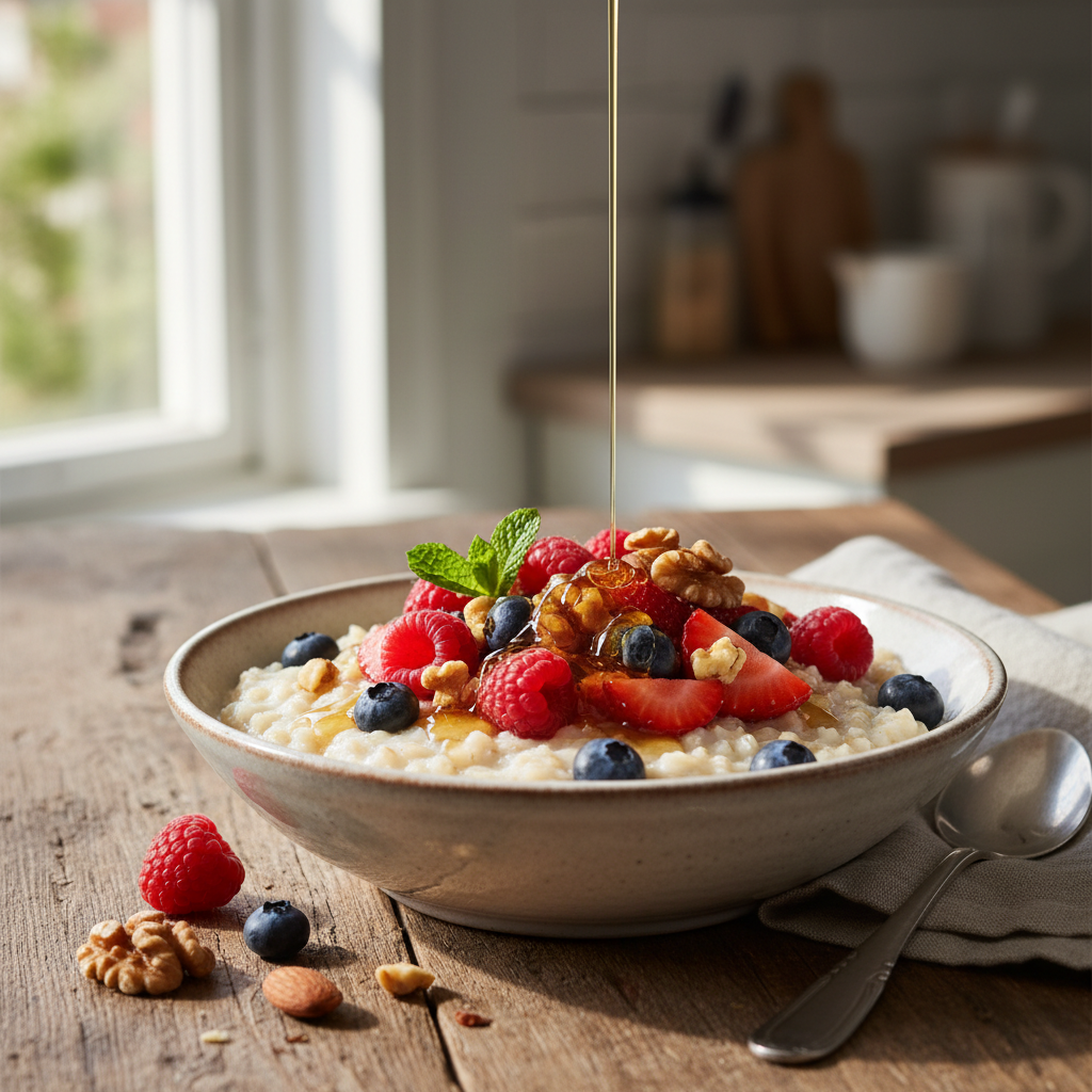 Byggrynsgrøt med bær og nøtter, healthy and nutritious