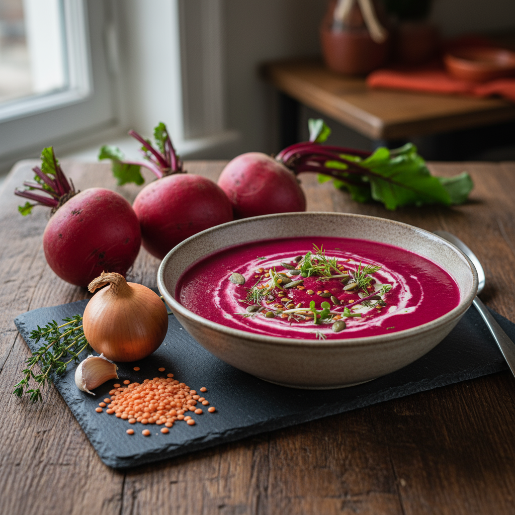 Rødbetsuppe med Grønne Linser og Spisskummen
