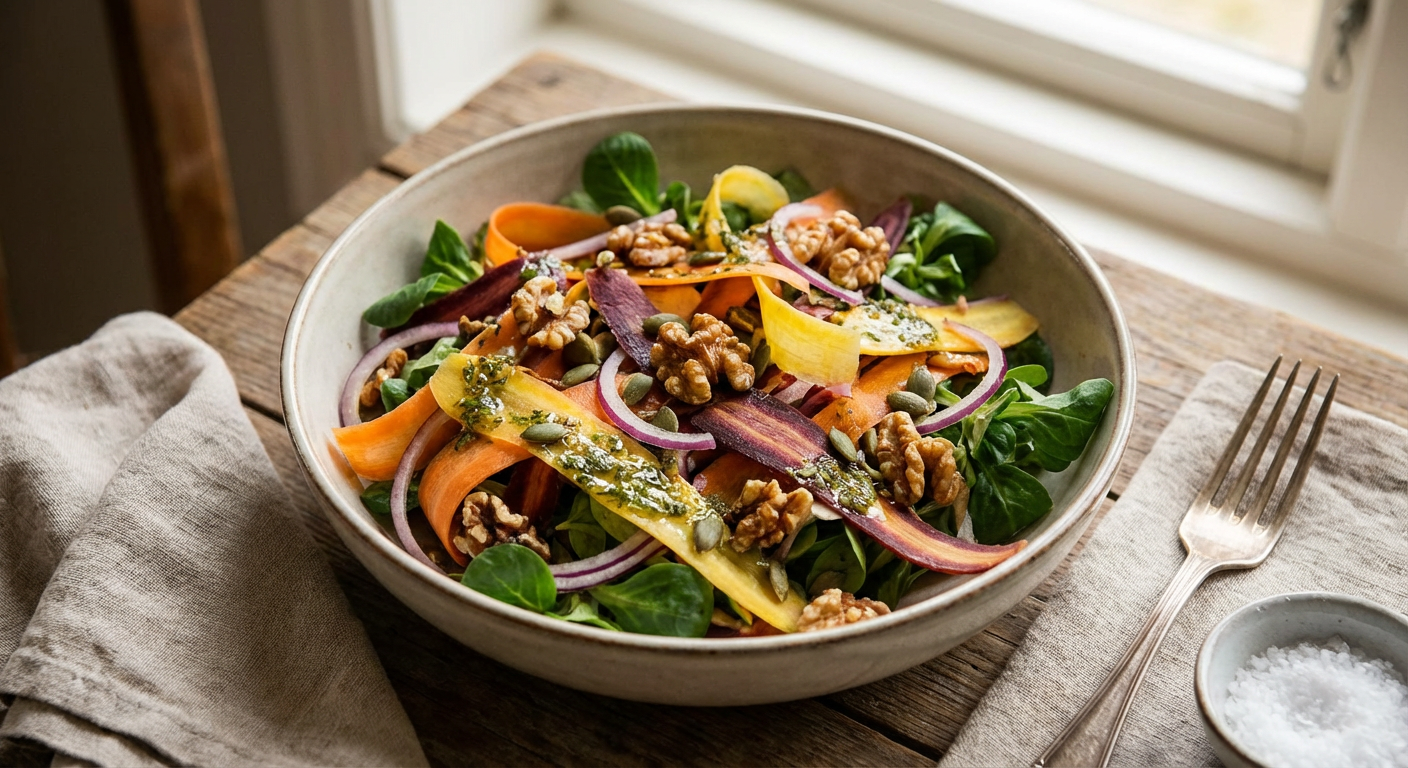 Fargerik Gulrot- og Rødløksalat med Feldsalat