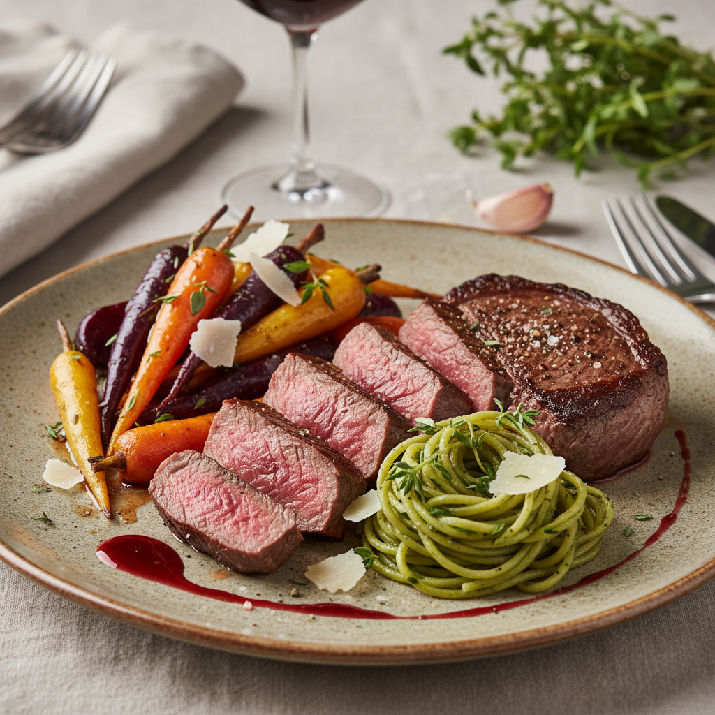 Entrecôte med rotgrønnsaker og timianpasta