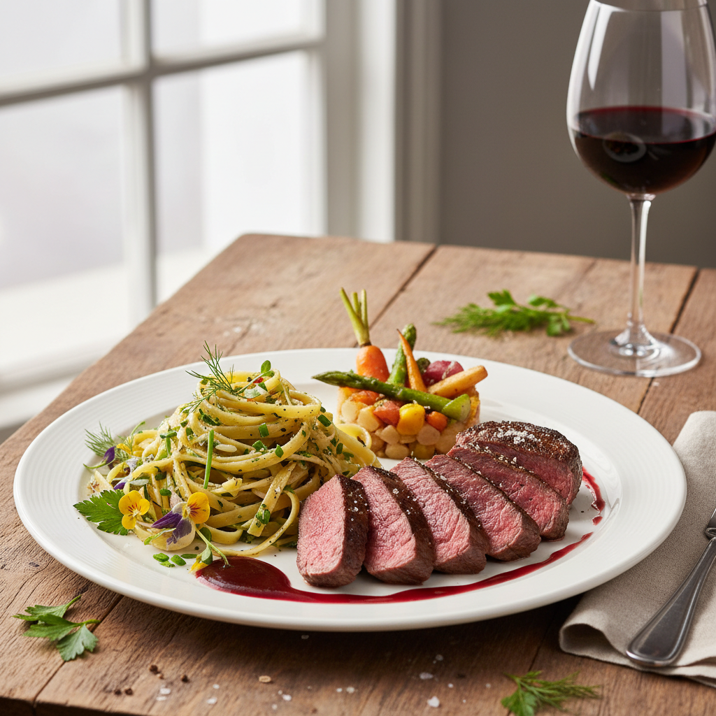 Entrecôte, urter og pasta