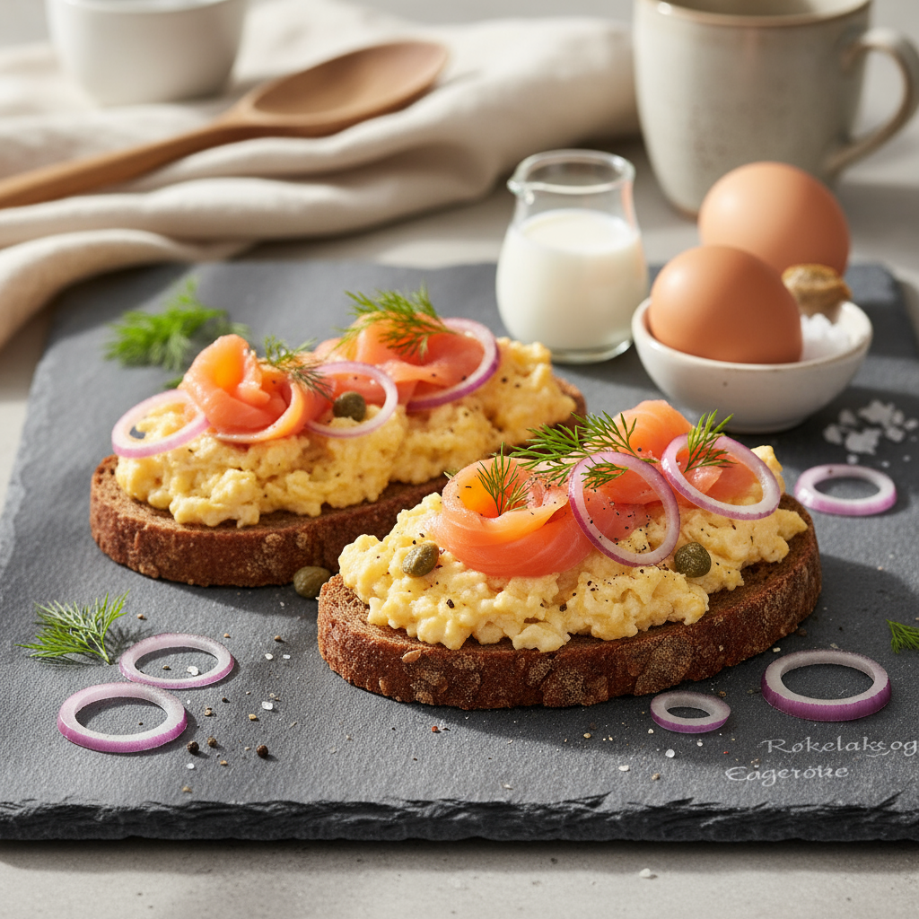 Røkelaks og eggerøre på rugbrød
