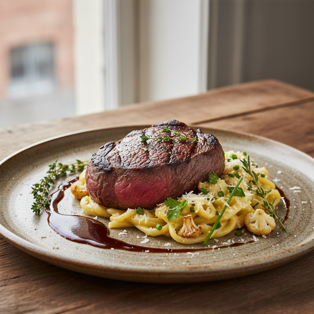 Grillet entrecôte, kremet blomkålpasta