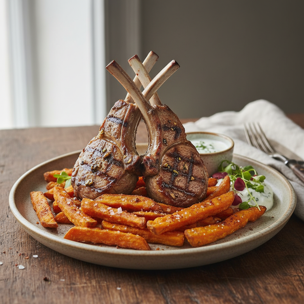Grillet lammekotelett med søtpotetfriterte
