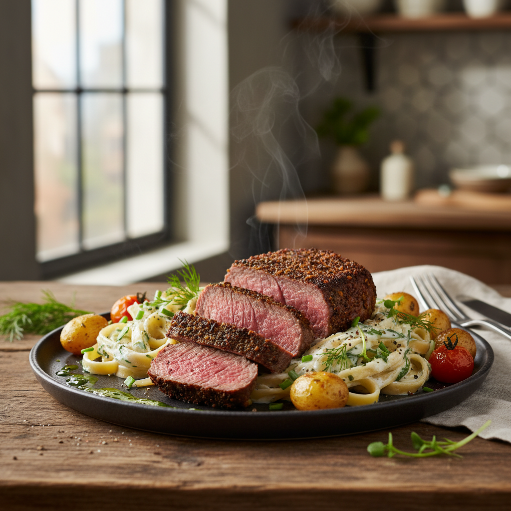 Krydderbakt entrecôte med rømmepasta