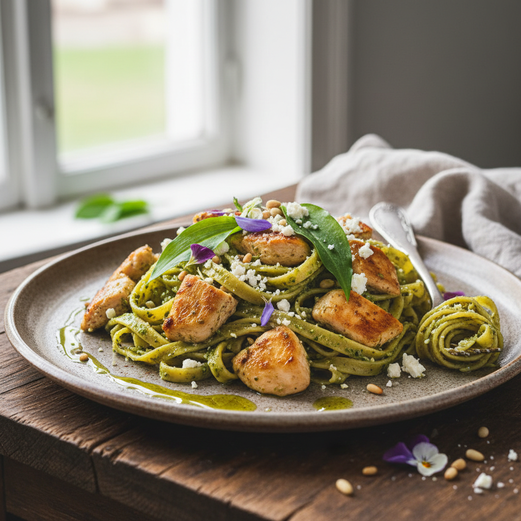Kyllingpasta med ramsløkpesto