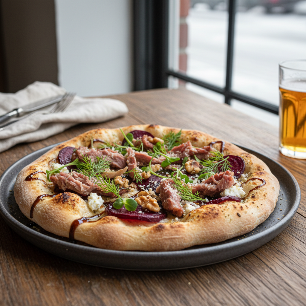 Pinnekjøtt pizza med rødbet og valnøtter