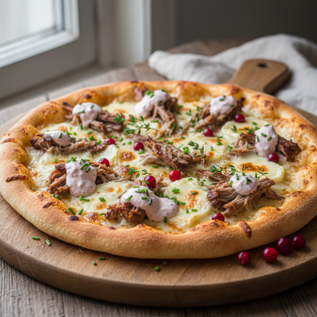 Pinnekjøtt pizza med tyttebærrømme
