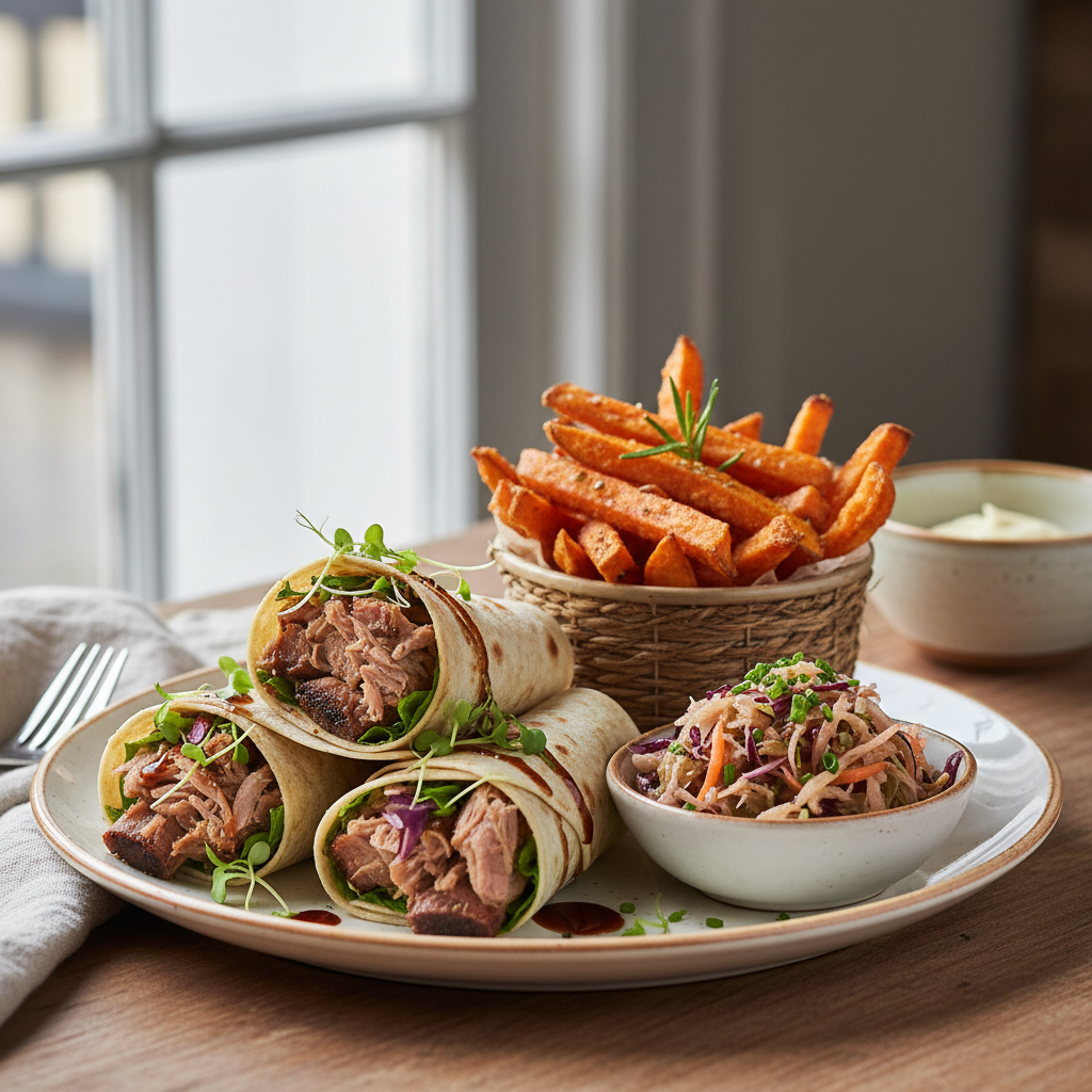 Ribbewraps, Søtpotetfries, Frisk Surkål